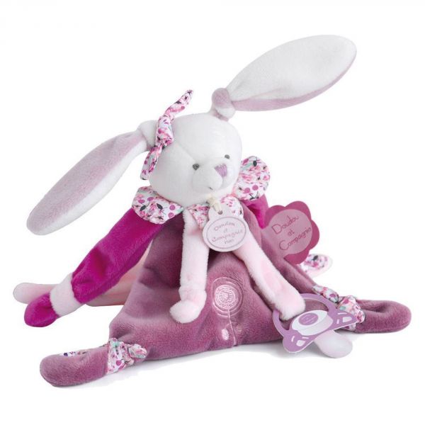 Doudou couverture attache sucette Lapin Rose et blanc - Made in Bébé