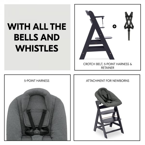 Chaise haute en bois Alpha dark grey avec Newborn Set Plus