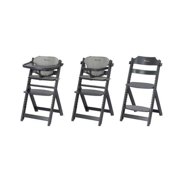 Chaise haute évolutive 2-en-1 Timba Black avec coussin gris + transat Tinted Graphite