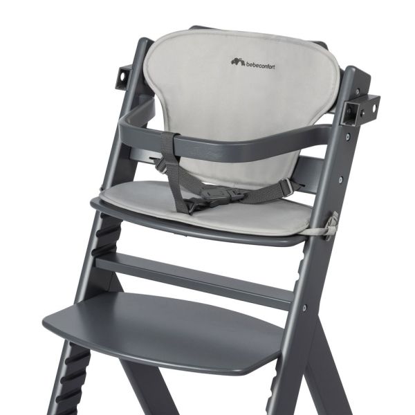 Chaise haute évolutive 2-en-1 Timba Black avec coussin gris + transat Tinted Graphite