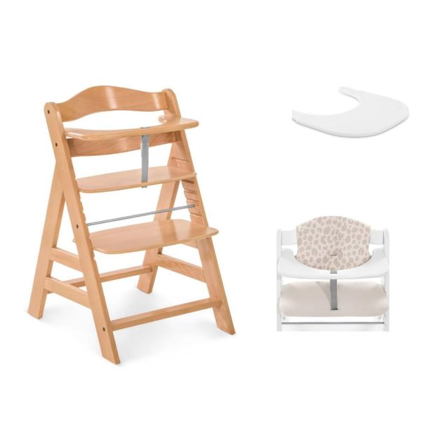 Pack Chaise haute évolutive Alpha Naturelle +Pack Chaise haute évolutive Alpha Naturelle + tablette + Coussin Réducteur Léopard