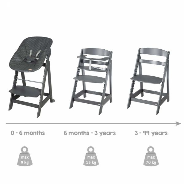 Chaise haute évolutive 2-en-1 Born Up gris Graphite matelassé