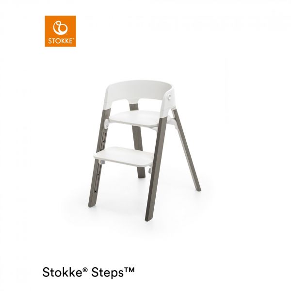 Pack chaise haute Steps assise blanche pieds hêtre gris + transat Steps Gris nuage