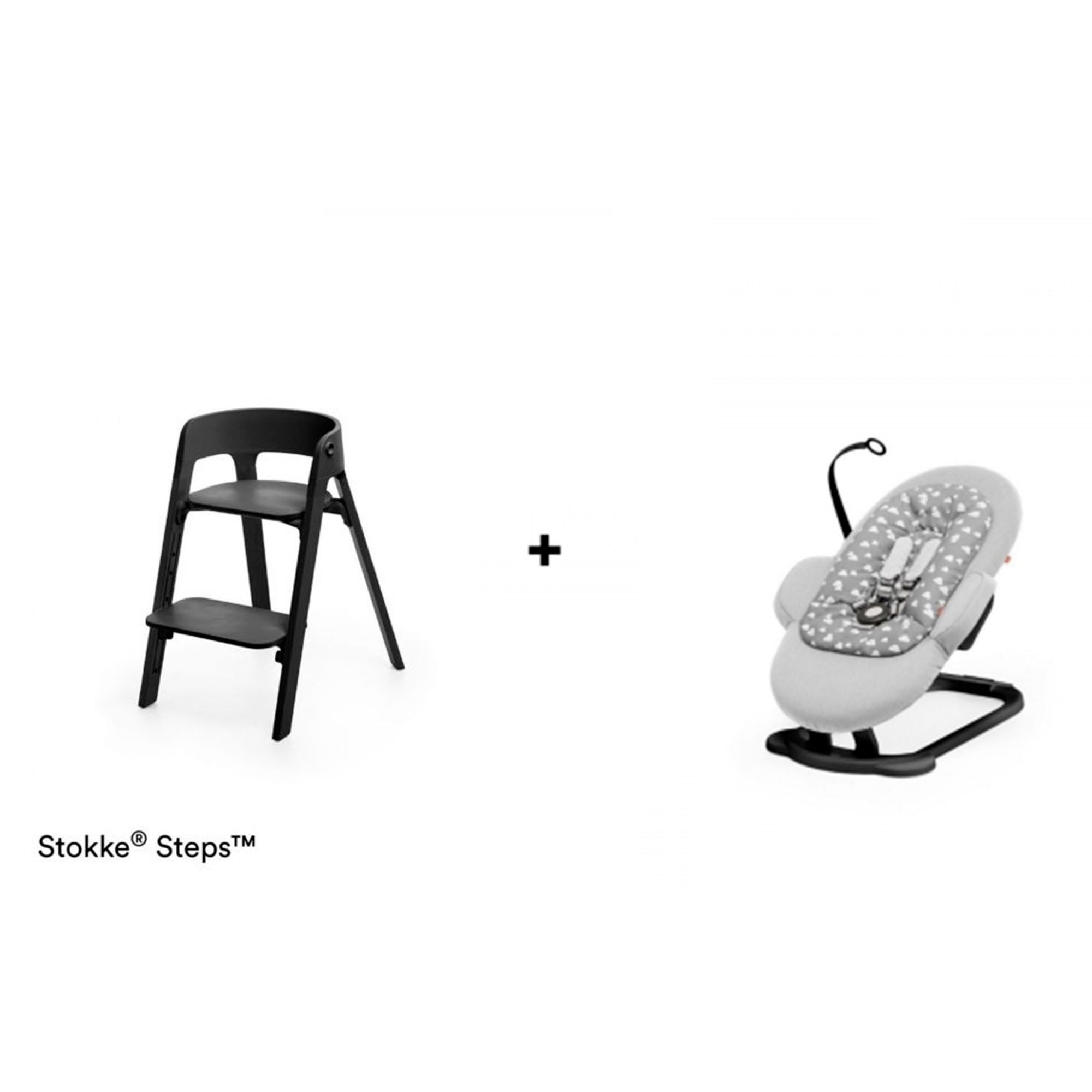 Pack chaise haute Steps assise noire pieds chêne noir + transat