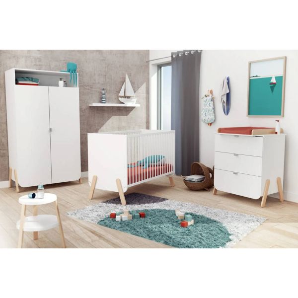 Chambre 3 tiroirs blanc et hêtre