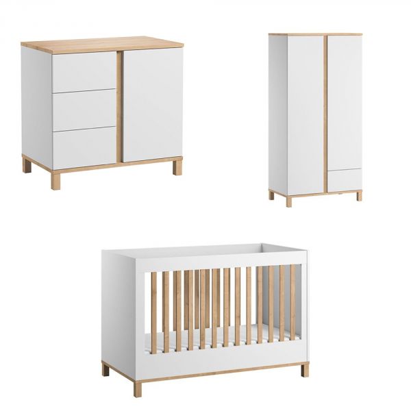 Chambre trio lit 60x120 + commode + armoire blanc - Collection Altitude