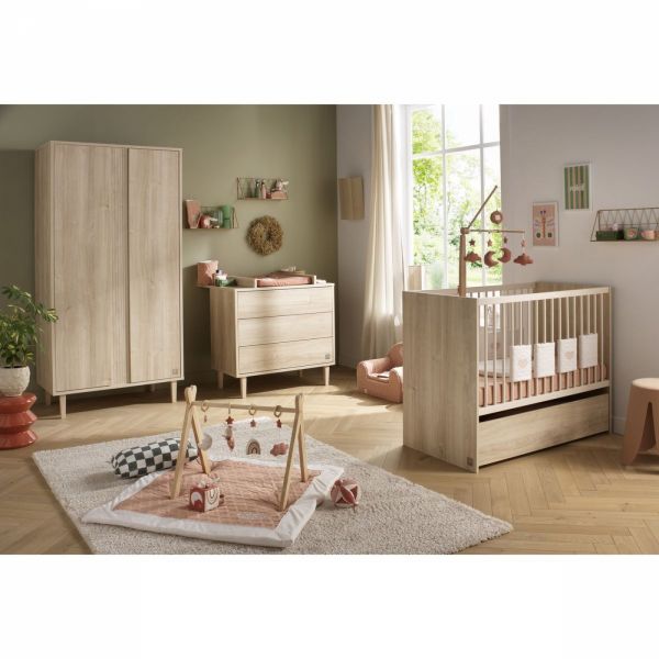 Chambre bébé trio lit 60x120cm + commode 3 tiroirs + armoire Paloma bois + Plan a langer OFFERT
