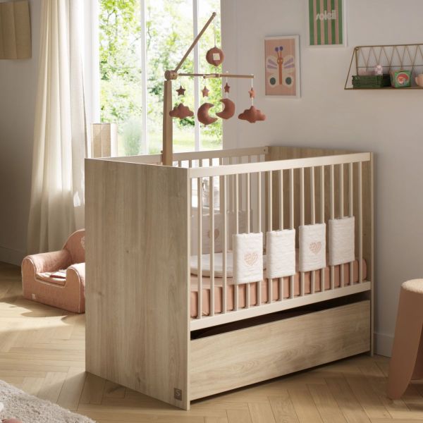 Chambre bébé trio lit 60x120cm + commode 3 tiroirs + armoire Paloma bois + Plan a langer OFFERT