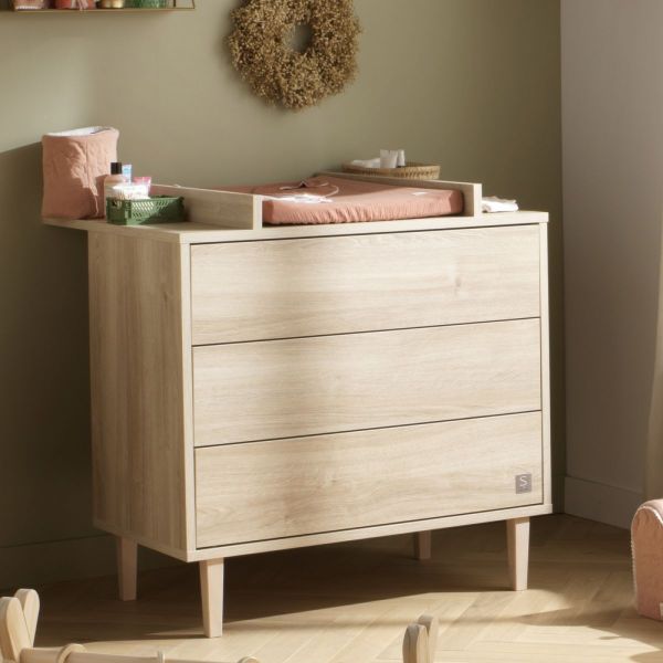 Chambre bébé trio lit 60x120cm + commode 3 tiroirs + armoire Paloma bois + Plan a langer OFFERT