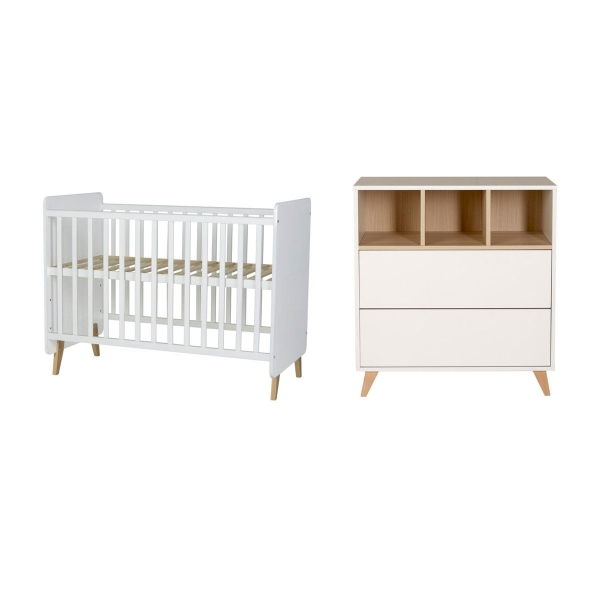 Chambre duo lit bébé 60x120 cm évolutif en lit junior + commode avec plan à langer Loft White