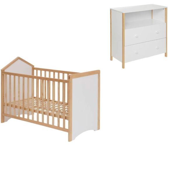 Chambre Duo bébé lit évolutif 60x120cm et commode - Kima
