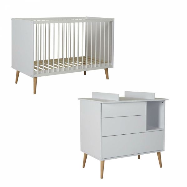 Chambre duo lit bébé 60x120 cm + commode avec plan à langer Cocoon Ice White