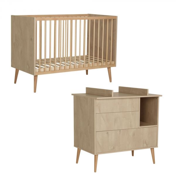 Chambre duo lit bébé 60x120 cm + commode avec plan à langer Cocoon Natural Oak