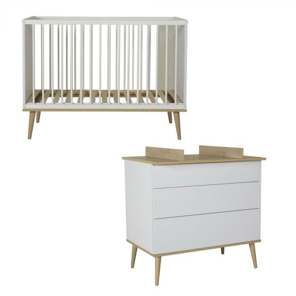 Chambre duo lit bébé 60x120 cm + commode avec plan à langer Flow White & Oak