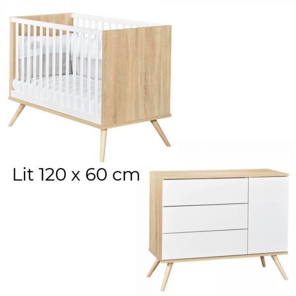 Chambre Duo Lit 60x120 cm + Commode Seventies blanc