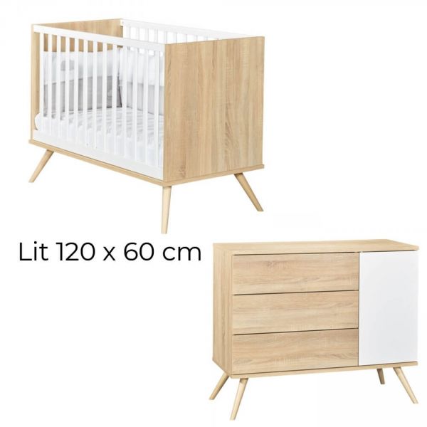 Chambre Duo Lit 60x120 cm + Commode Seventies bois