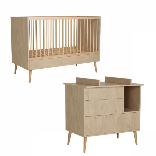 Chambre duo lit bébé 70x140 cm évolutif en lit enfant + commode avec plan à langer Cocoon Natural Oak