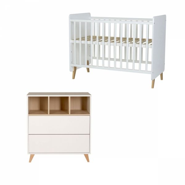 Chambre duo lit bébé 60x120 cm + commode avec plan à langer Loft White