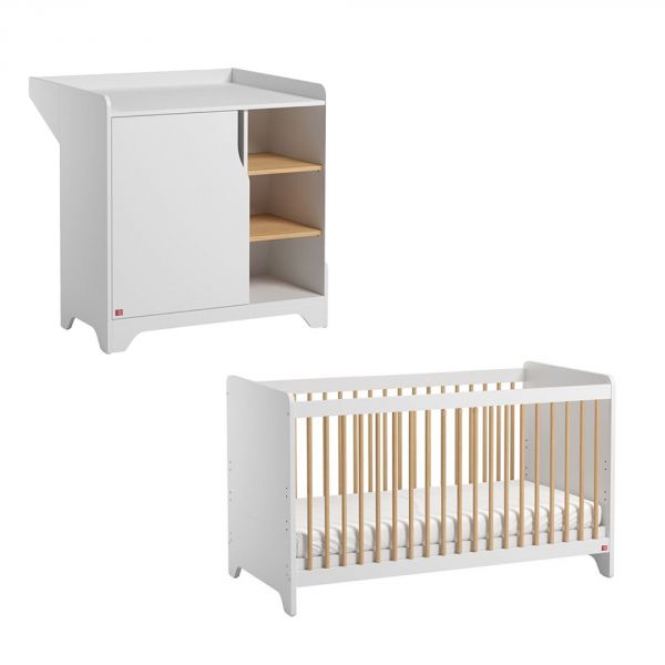 Chambre duo lit 60x120 + commode blanc - Collection Leaf