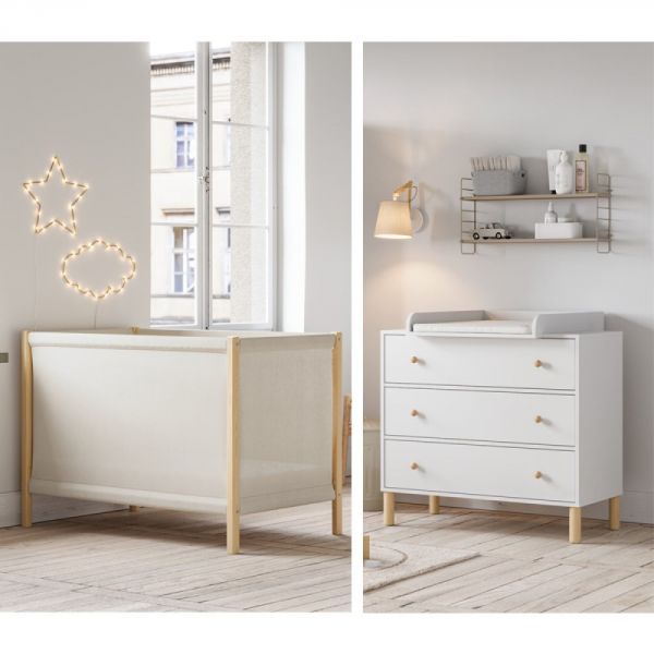 Chambre duo lit 60x120 + commode Blanc et Bois - Collection Tela