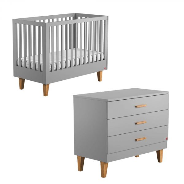 Chambre duo lit 70x140 + commode gris clair et bois - Collection Lounge