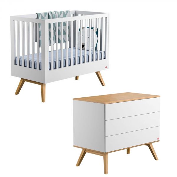 Chambre duo lit 70x140 + commode blanche - Collection Nature