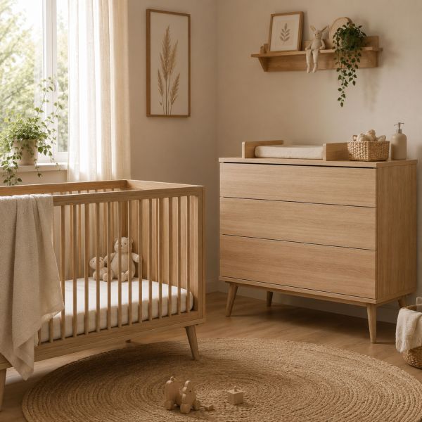 Chambre duo lit bébé 60x120 cm + commode avec plan à langer Flow Honey Ash