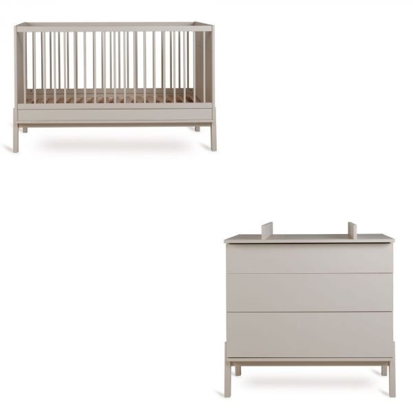 Chambre duo Lit bébé 70x140 cm Ashi Argile+Commode 3 tiroirs Ashi Argile avec plan à langer