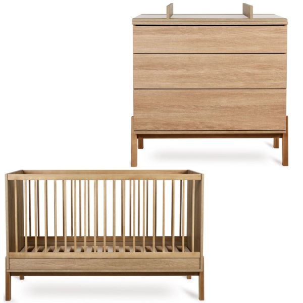 Chambre duo lit bébé 70x140 cm + commode avec plan à langer Ashi Honey Ash