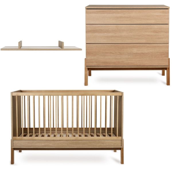 Chambre duo lit bébé 70x140 cm + commode avec plan à langer Ashi Honey Ash