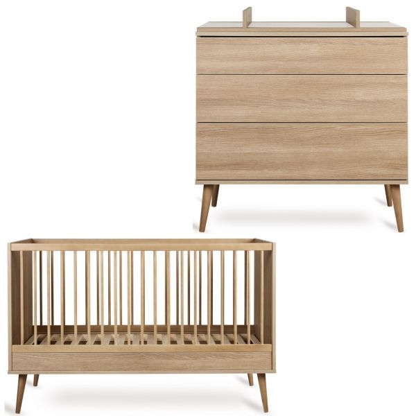 Chambre duo lit bébé 70x140 cm + commode avec plan à langer Flow Honey Ash