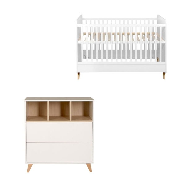Chambre duo lit bébé 70x140 cm évolutif en lit enfant + commode avec plan à langer Loft White