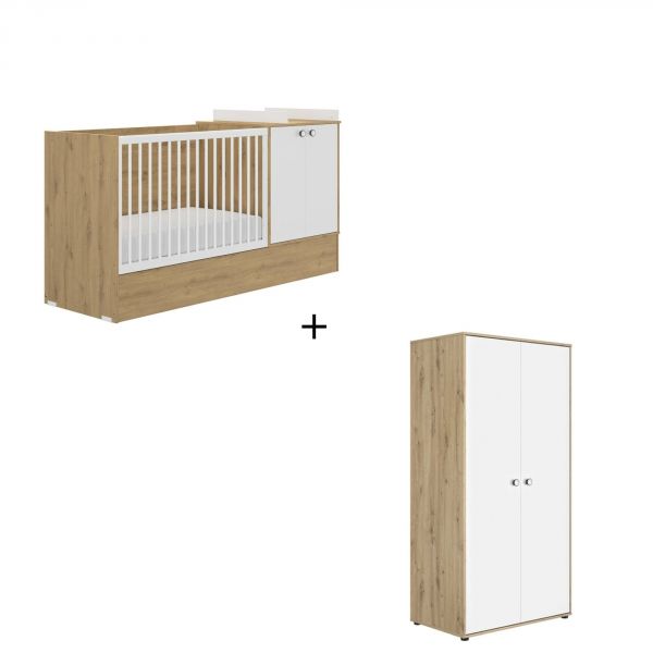 Chambre duo lit évolutif bébé combiné 60x120 cm + armoire Arthur