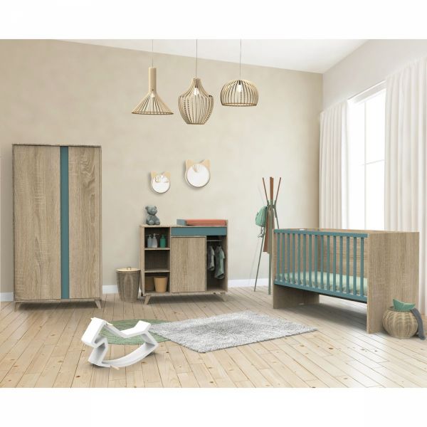 Chambre Duo Lit évolutif bébé combiné 60x120 cm en 90x190 cm + Armoire NOVA Argile douce