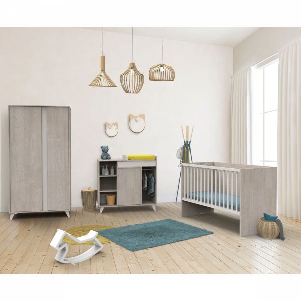 Chambre Duo Lit évolutif bébé combiné 60x120 cm en 90x190 cm + Armoire NOVA Gris loft