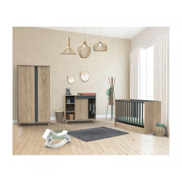 Chambre Duo Lit évolutif bébé combiné 60x120 cm en 90x190 cm + Armoire NOVA Gris volcan