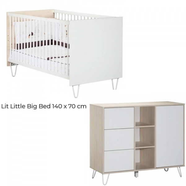 Chambre Duo Lit évolutif bébé Little Big Bed 70x140 cm + Commode Happy