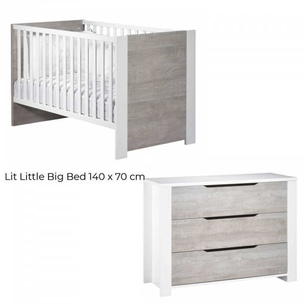 Chambre Duo Lit évolutif bébé Little Big Bed 70x140 cm + Commode Loft Bois