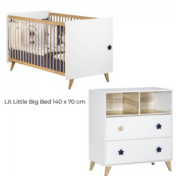 Chambre Duo Lit évolutif bébé Little Big Bed 70x140 cm + Commode Oslo Etoile