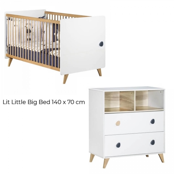 Chambre Duo Lit évolutif bébé Little Big Bed 70x140 cm + Commode Oslo Goutte