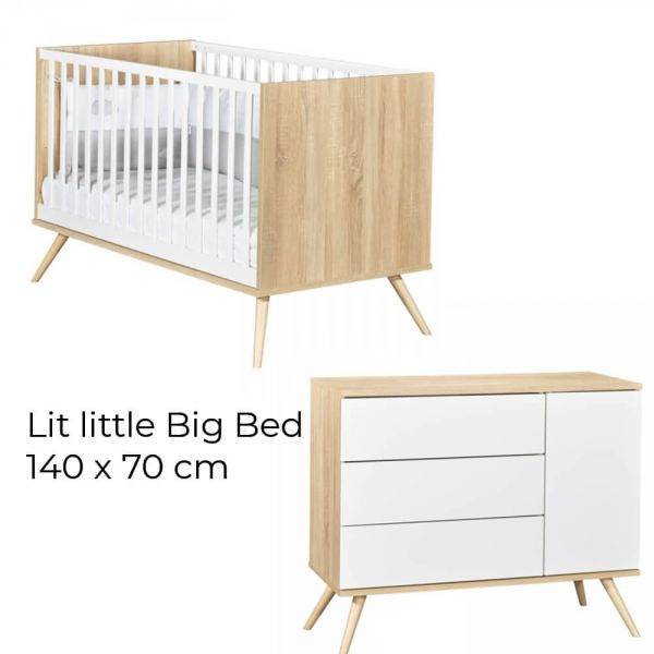 Chambre Duo Lit évolutif bébé Little Big Bed 70x140 cm + Commode Seventies Blanc