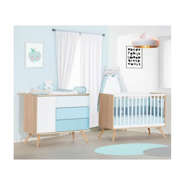 Chambre Duo Lit évolutif bébé Little Big Bed 70x140 cm + Commode Seventies Bleue
