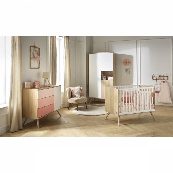 Chambre Duo Lit évolutif bébé Little Big Bed 70x140 cm + Commode Seventies Rose