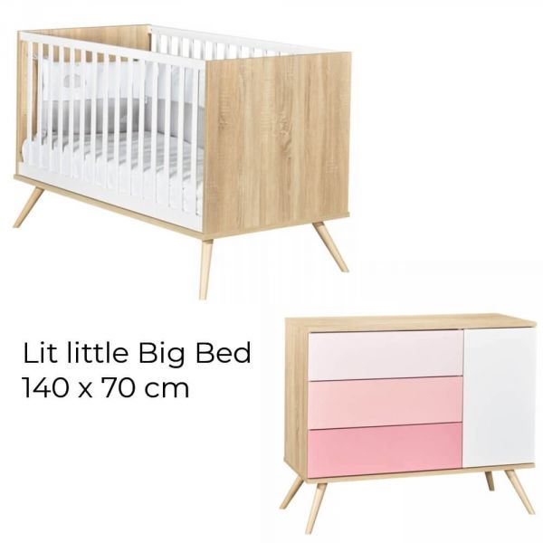 Chambre Duo Lit évolutif bébé Little Big Bed 70x140 cm + Commode Seventies Rose