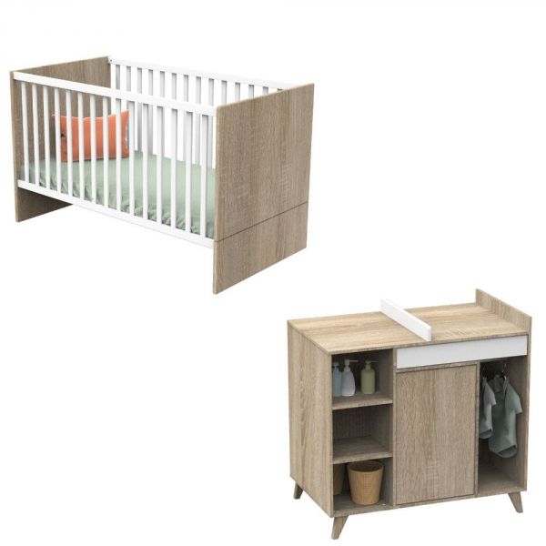 Chambre Duo Lit évolutif bébé Little Big Bed 70x140 cm + Commode Nova Blanc lin