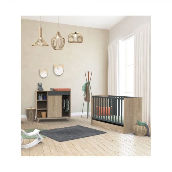 Chambre Duo Lit évolutif bébé Little Big Bed 70x140 cm + Commode Nova Gris volcan