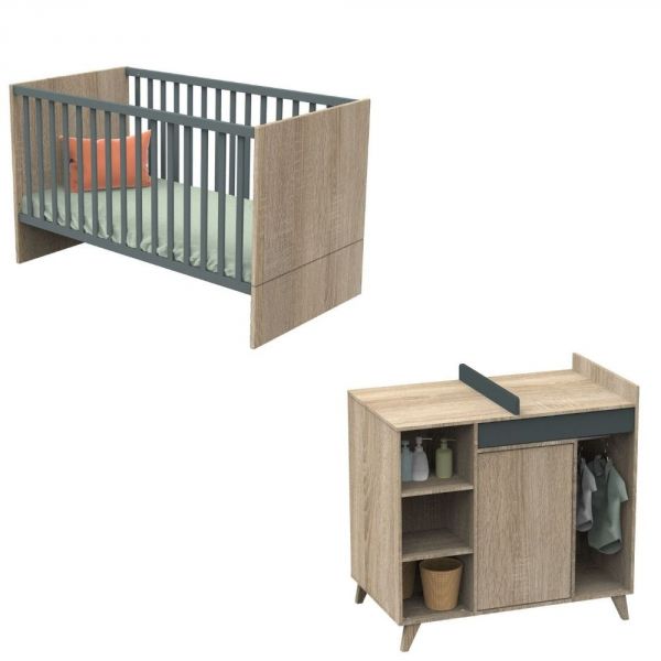 Chambre Duo Lit évolutif bébé Little Big Bed 70x140 cm + Commode Nova Gris volcan