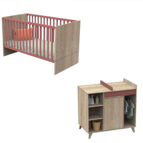 Chambre Duo Lit évolutif bébé Little Big Bed 70x140 cm + Commode Nova Rose canyon