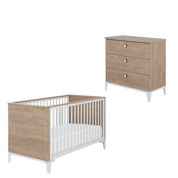 Chambre duo lit bébé évolutif 70x140 cm + commode Marcel blanc