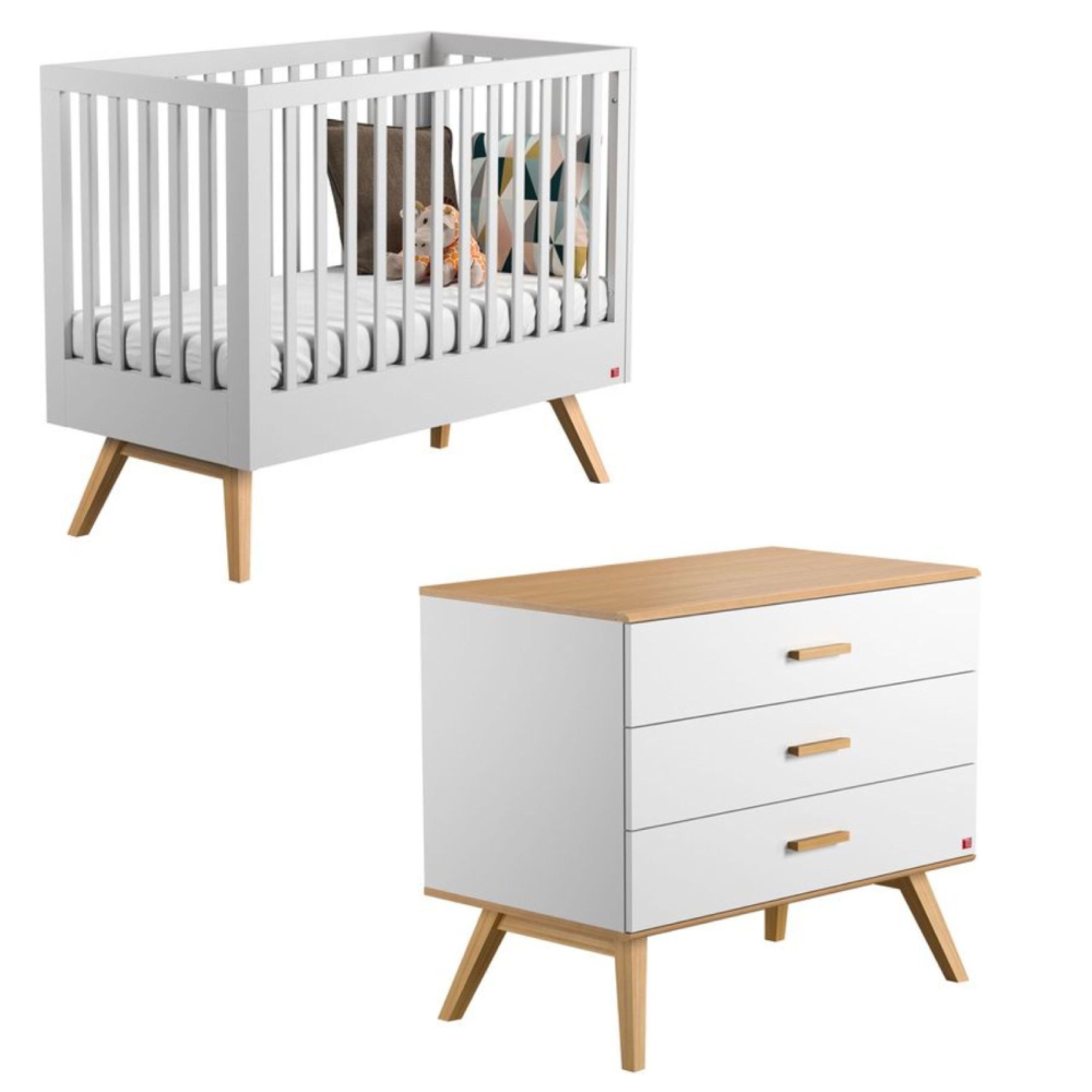 Lit bébé 60x120 et commode à langer Vox Leaf - Blanc et bois